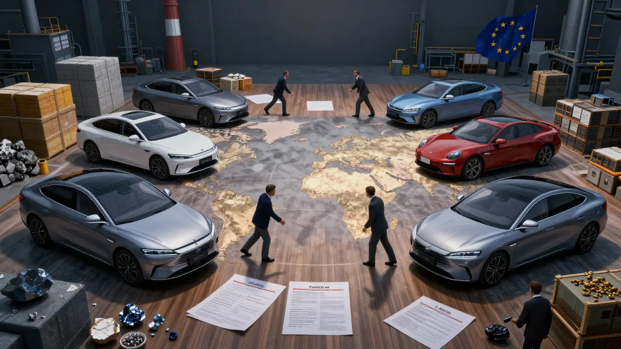 Conceptual image of EVs and raw materials vs tariffs on a trade table