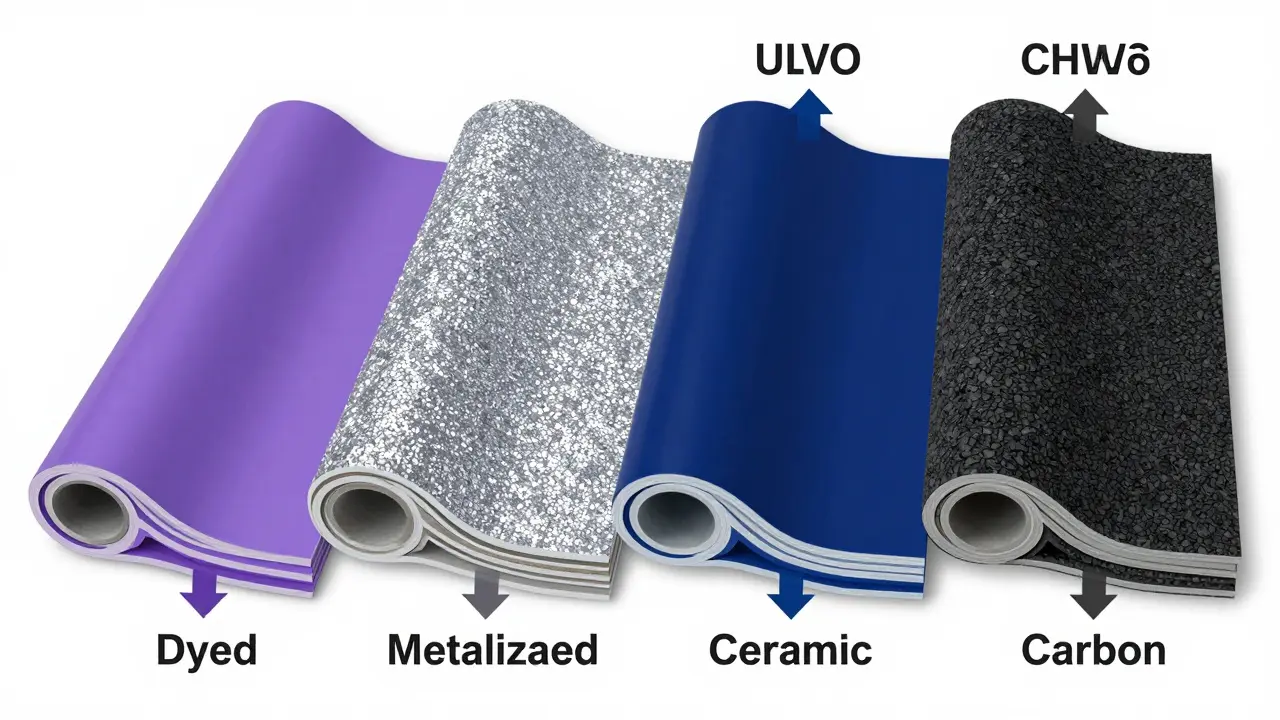 Cross-section comparison of dyed, metalized, ceramic, and carbon films