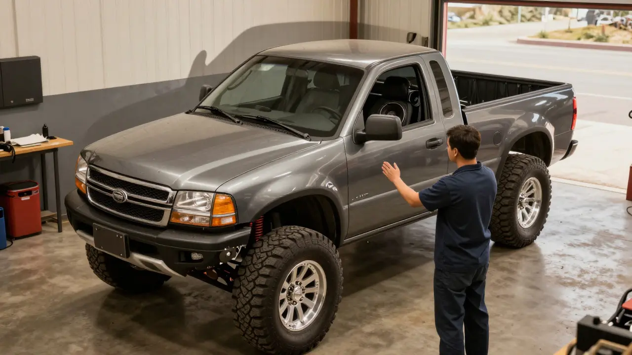 Customized truck in garage showing aftermarket parts not covered by standard policies.