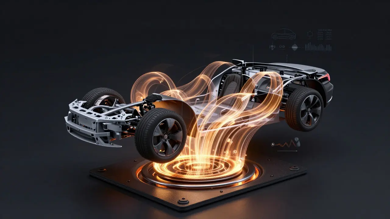 Cutaway view showing magnetic energy waves transferring power from ground to EV.
