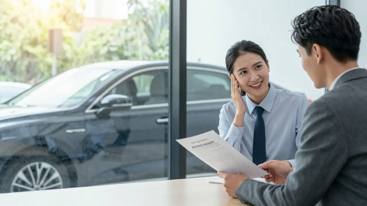 Dealer reviewing documents for a well-prepared trade-in vehicle