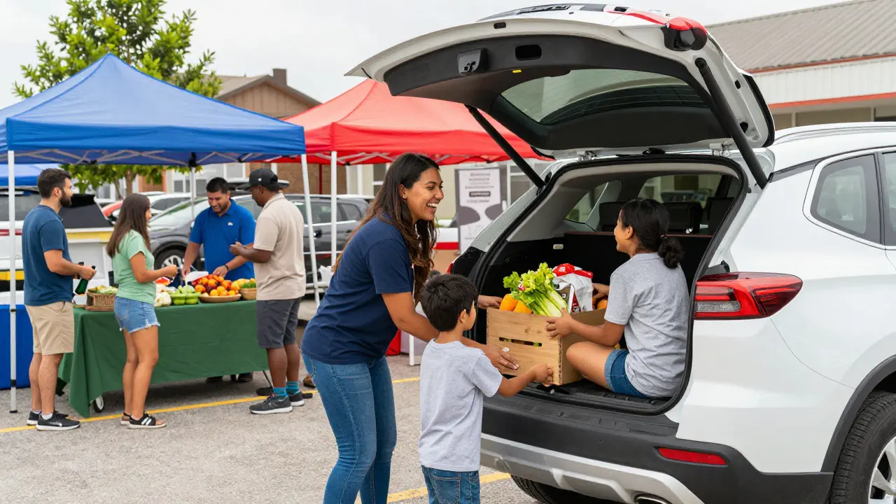 Dealership staff helping a family at a local community farmers market event