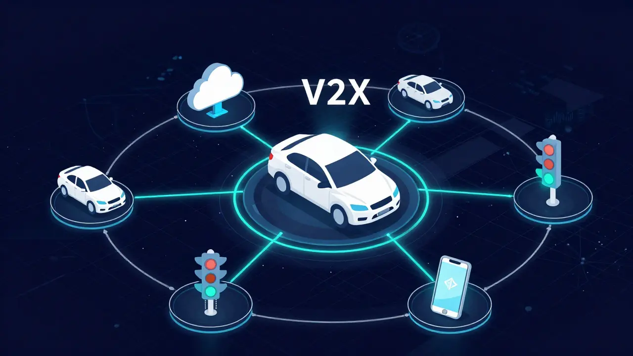 Diagram showing car connected to cloud, other cars, and infrastructure via data lines