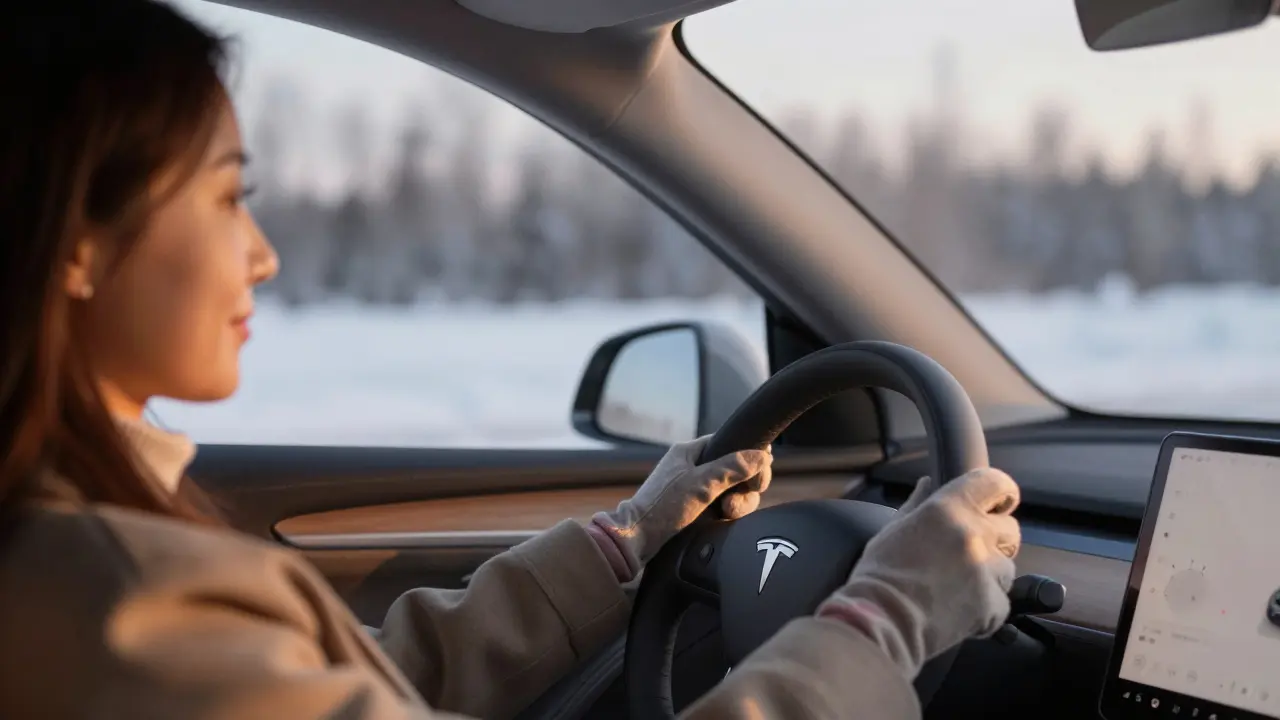 Driver comfortable in warm EV cabin on cold winter day