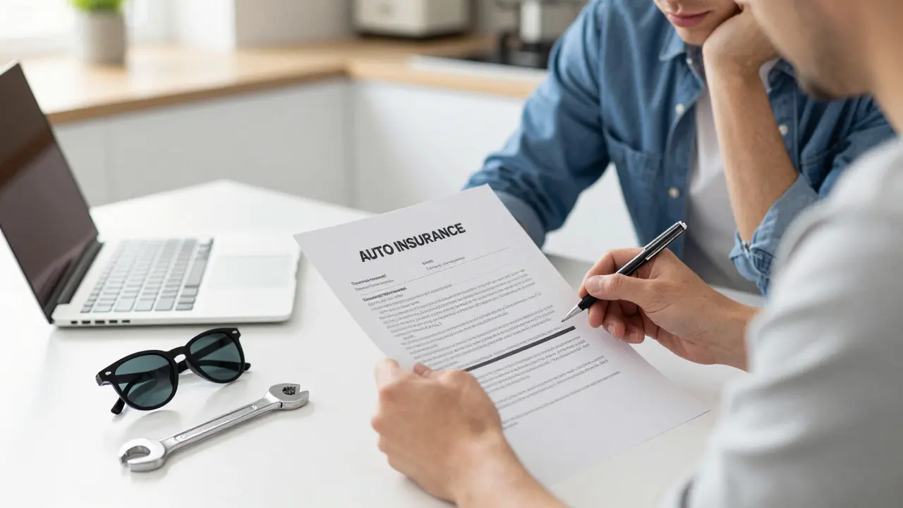 Driver reviewing insurance endorsements for glass, custom parts, and personal property.
