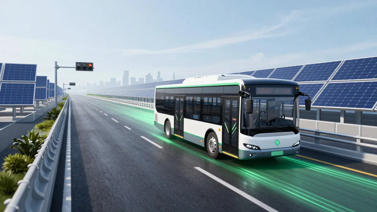 Electric bus driving on a highway lane with glowing dynamic charging indicators.