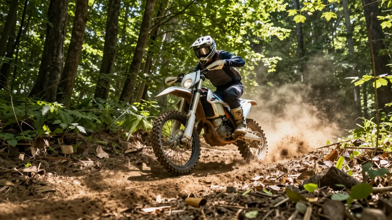 Electric dual-sport bike riding aggressively on a dusty forest trail during daytime.