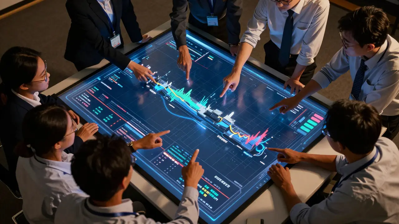 Fleet team analyzing fuel data trends on interactive display