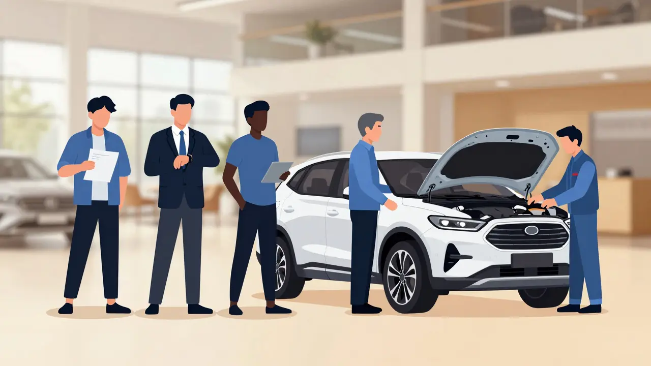 Four distinct car buyer personas represented in a modern dealership setting