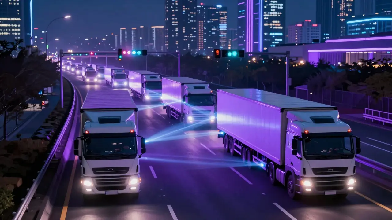 Futuristic autonomous truck convoy communicating on a smart highway at night