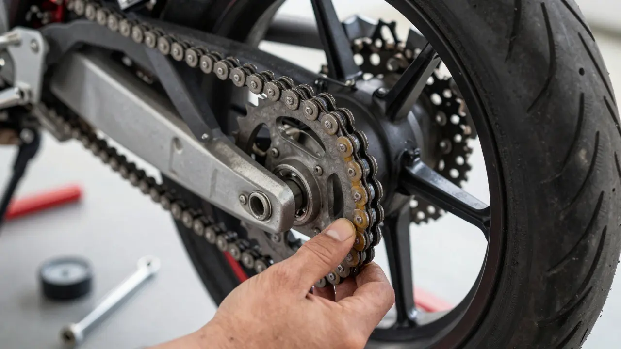 Hands inspecting motorcycle chain and tires for maintenance