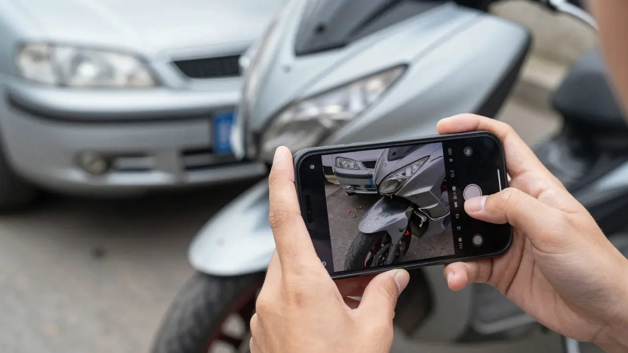 Hands using smartphone to photograph bike damage and skid marks