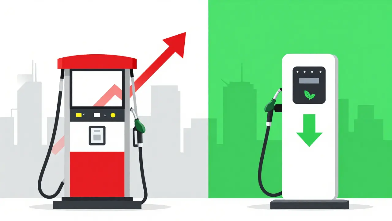 Illustration comparing gas prices vs electric vehicle charging costs