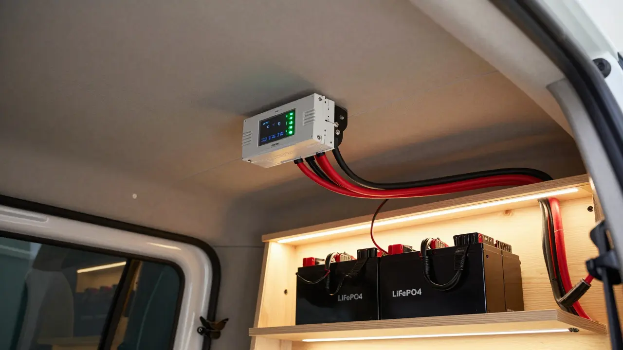 Interior view of van solar charge controller and batteries