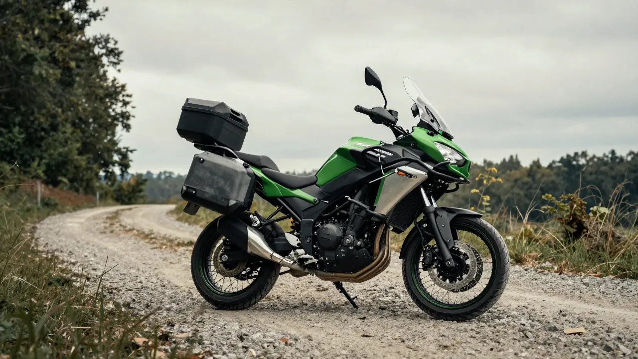 Kawasaki Versys adventure bike on a rugged gravel path