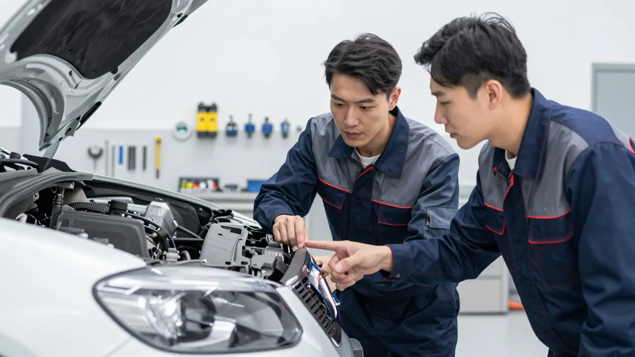 Mechanic inspecting car damage with owner in a modern repair garage
