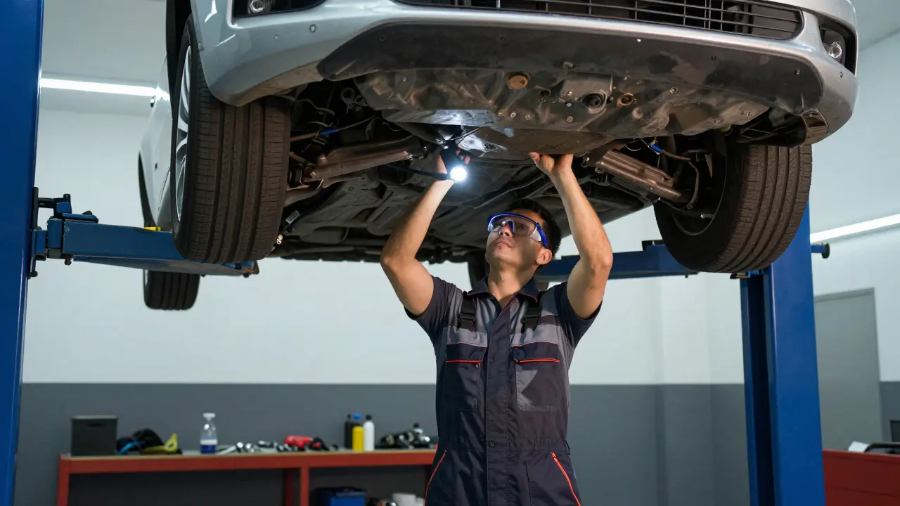 Mechanic inspecting car undercarriage on a lift