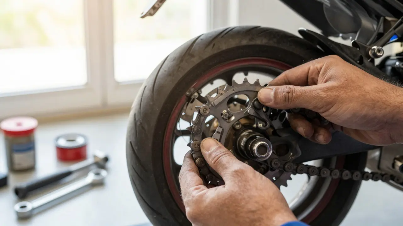Mechanic inspecting chain and sprockets of a Yamaha MT-07