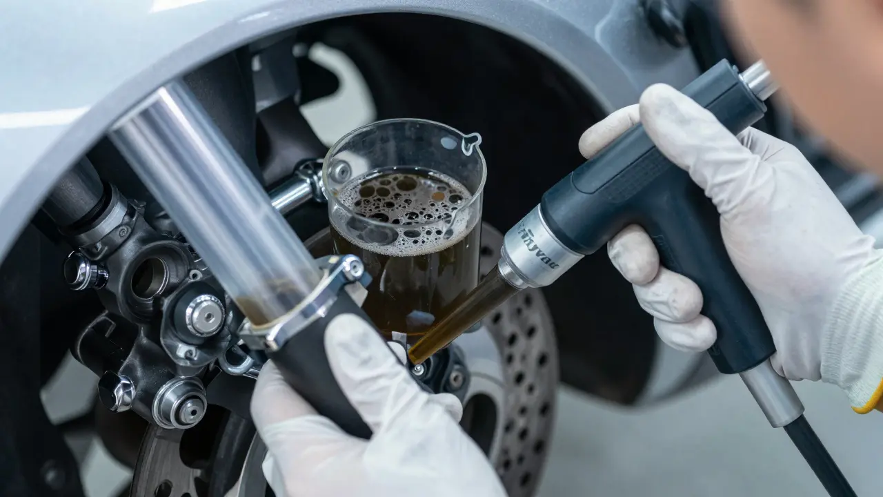 Mechanic using vacuum pump tool to bleed motorcycle brakes