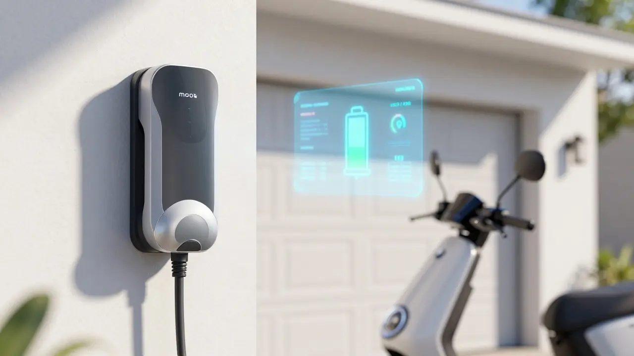 Modern electric motorcycle charging at a home station with digital interface display.