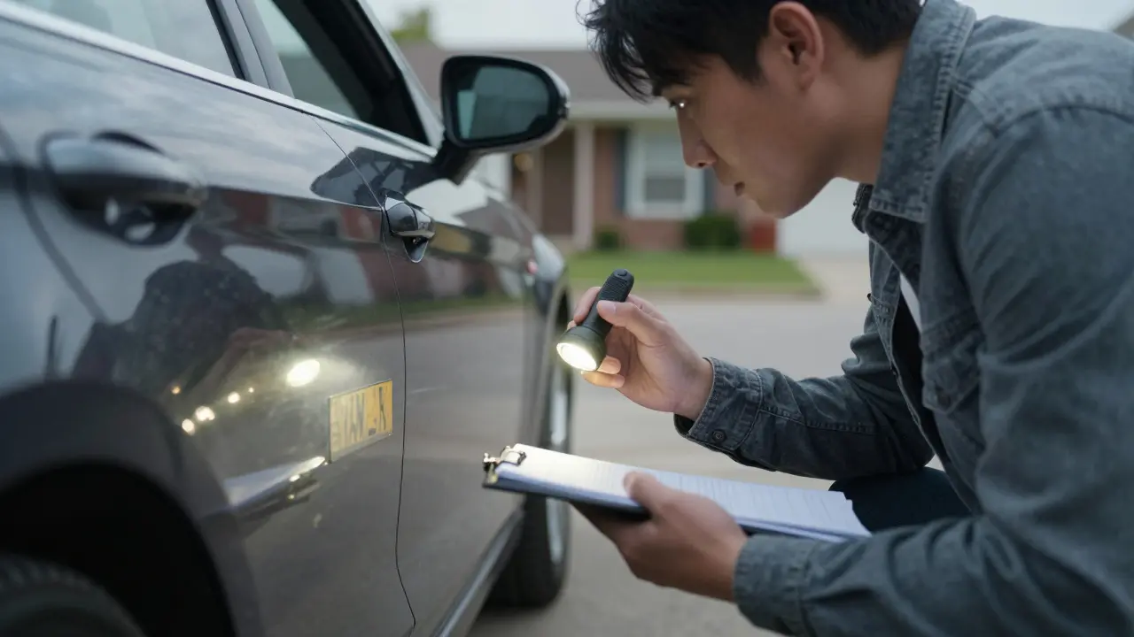 Person checking VIN on car door jamb with a flashlight.