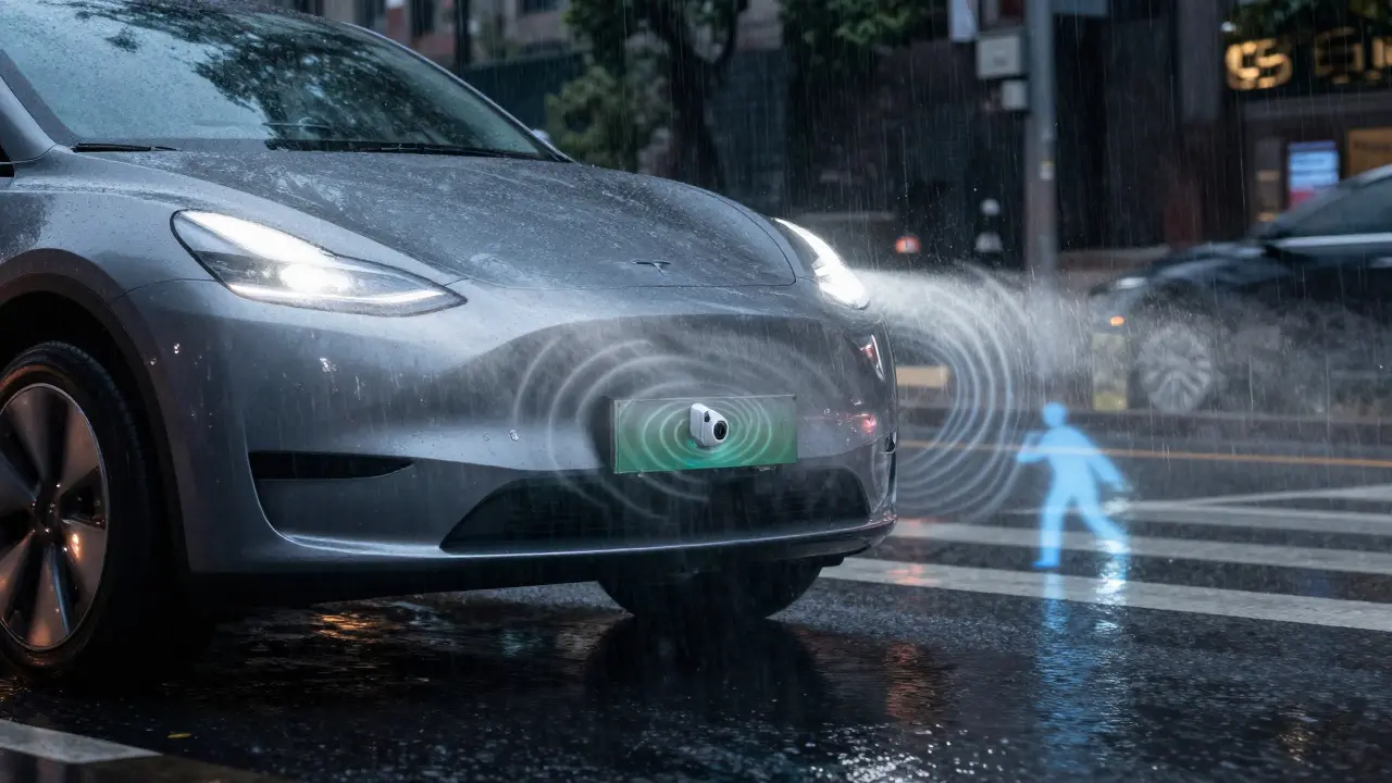 Self-driving car using radar sensors to navigate safely through heavy rain and fog