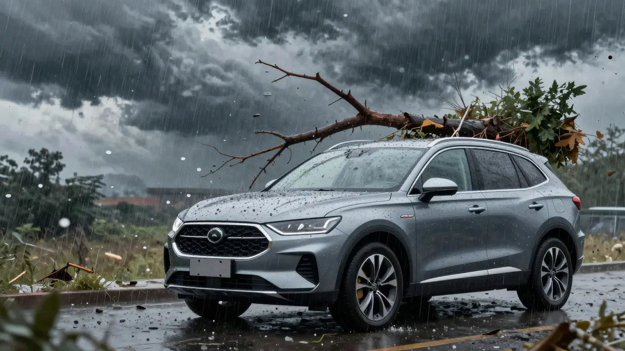 SUV damaged by hail and a fallen tree branch during a storm