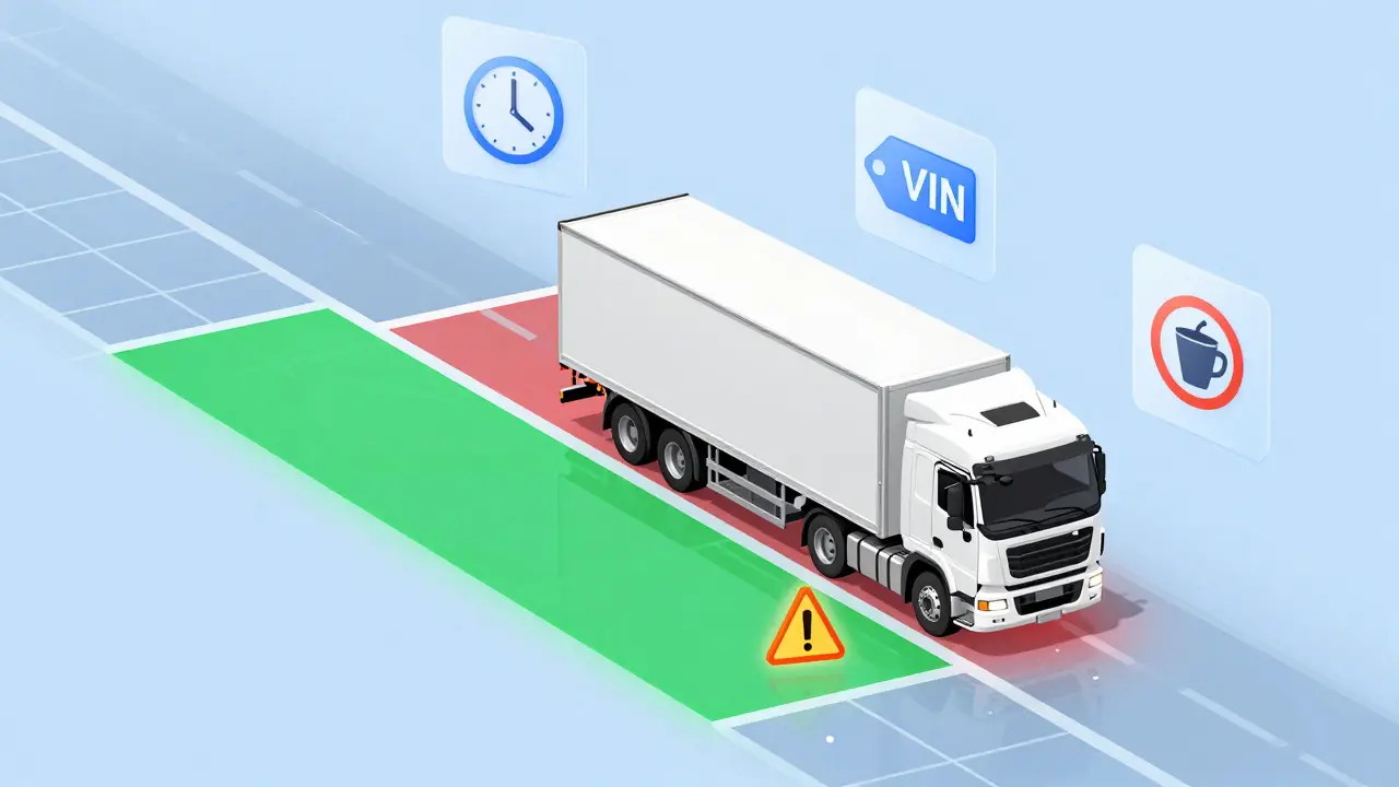 Truck within digital geofence grid with security icons