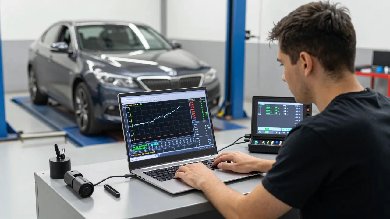 Tuner analyzing engine maps in professional workshop