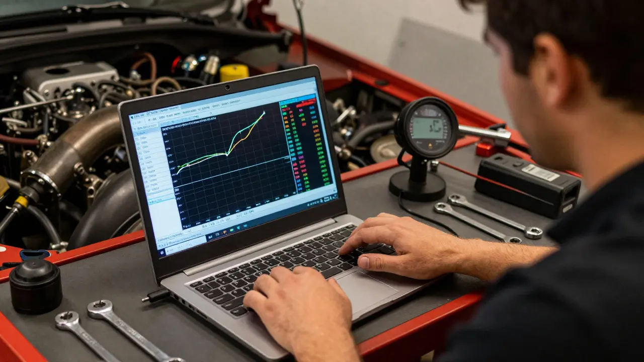Tuner analyzing VE tables and data logs on a laptop at a dyno