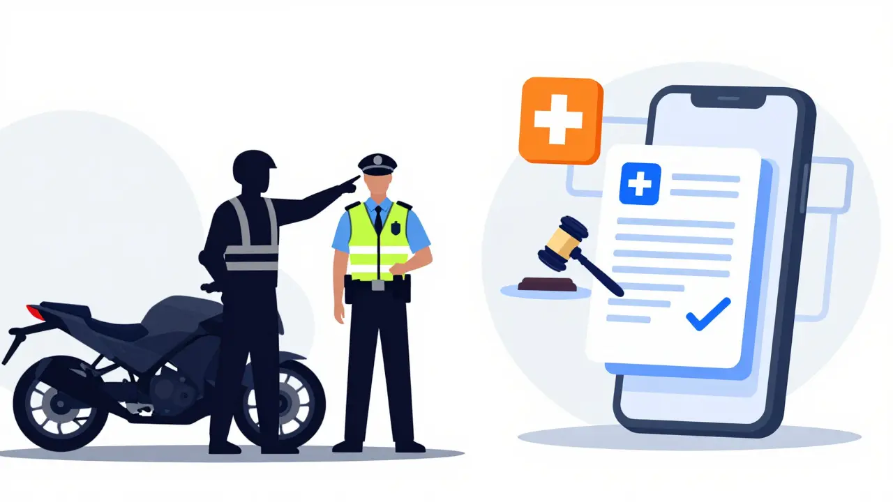 Vector graphic linking rider safety, police report, and insurance