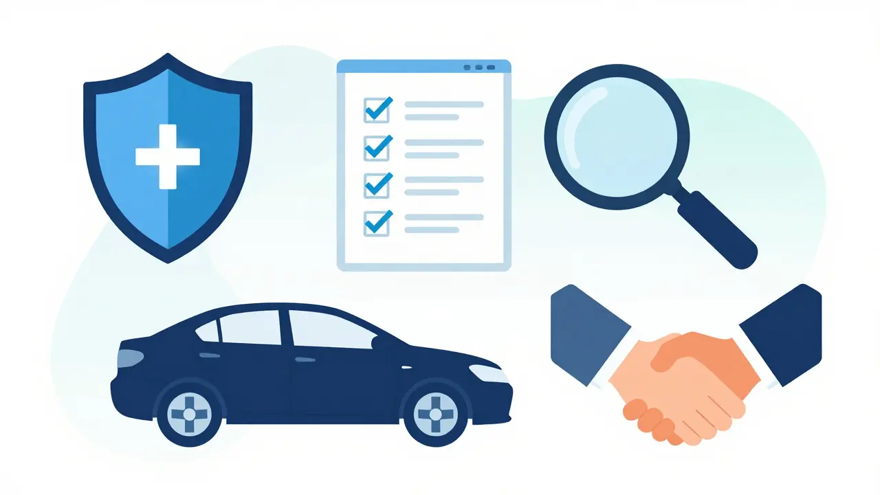 Vector icons symbolizing safe used car purchase verification.