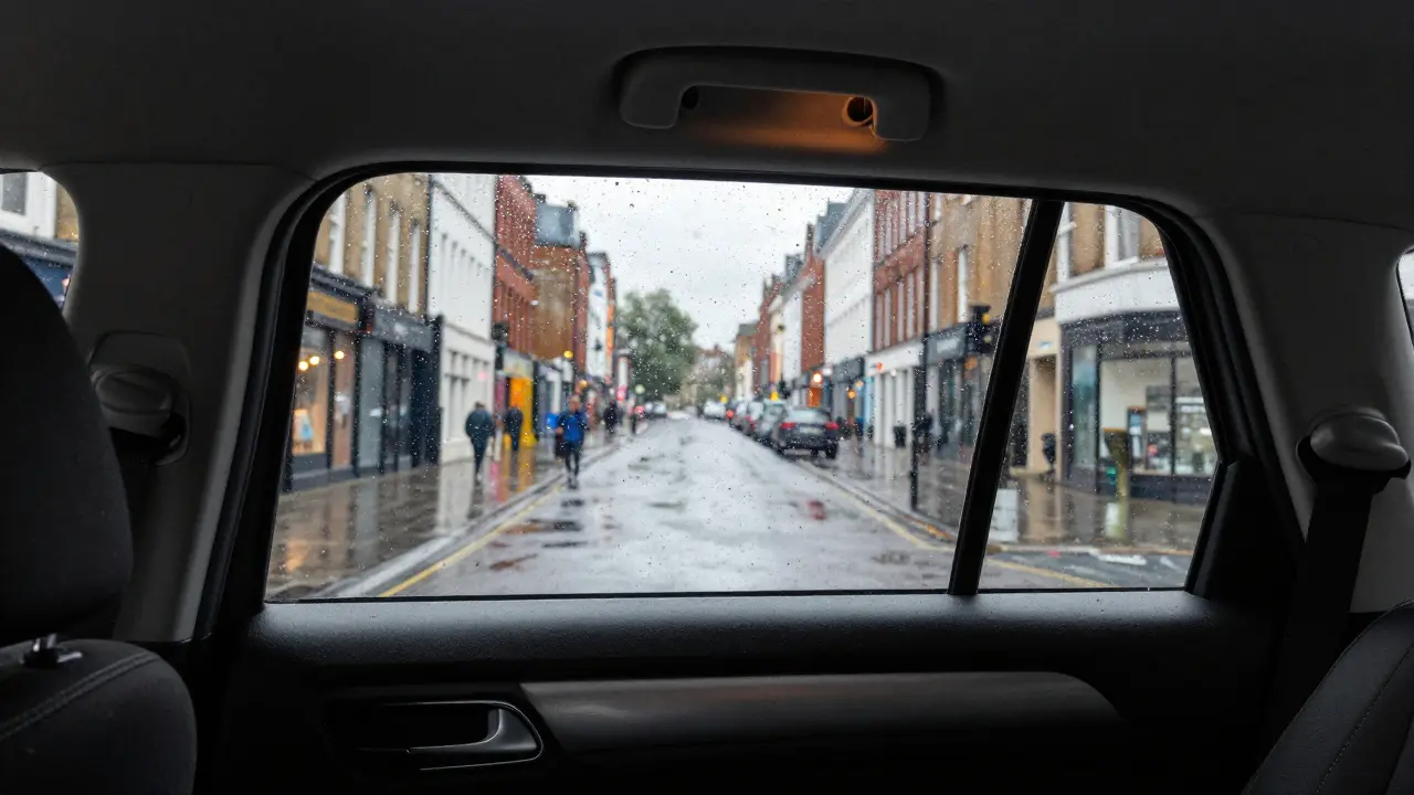 View from inside a car through dark tinted rear windows on a rainy day