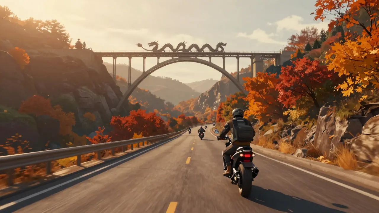 View of the Dragon Bridge on US-129 with autumn foliage and motorcycles in the distance during sunset.
