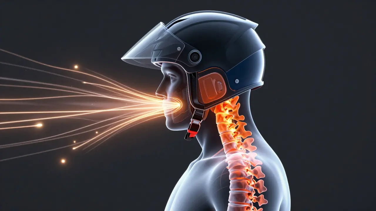 3D render showing how a neck brace protects the cervical spine from impact.