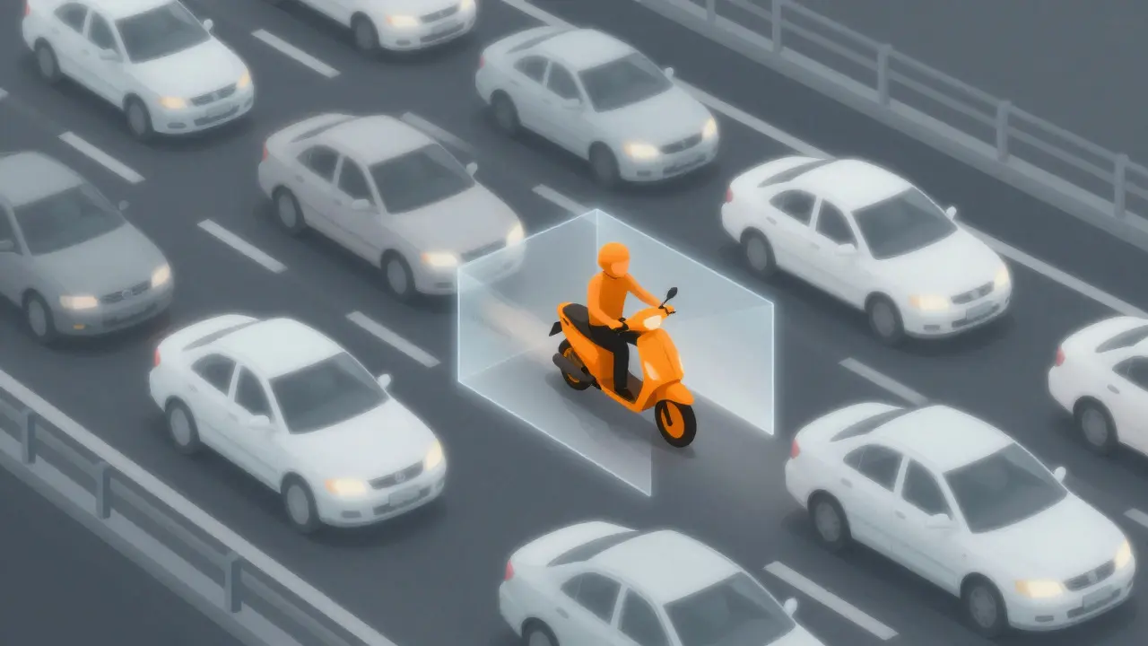 Abstract illustration of a motorcycle finding an escape route through flowing traffic