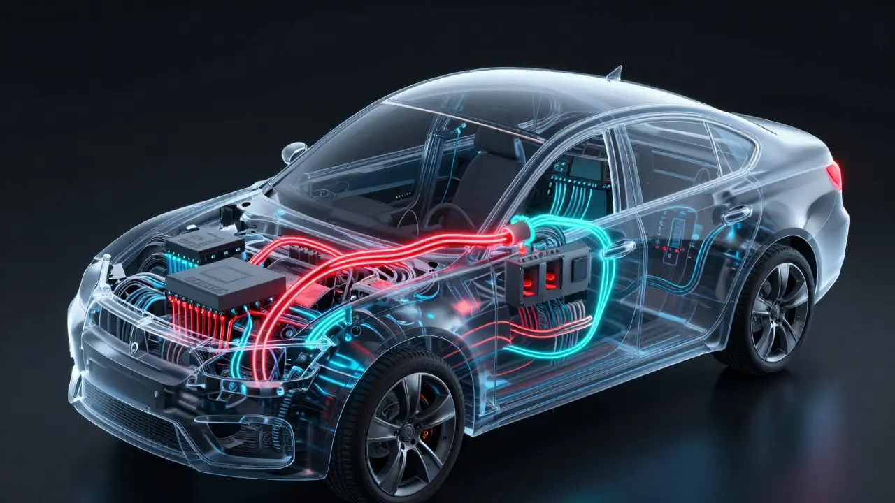 Abstract visualization of car electrical system with power leak