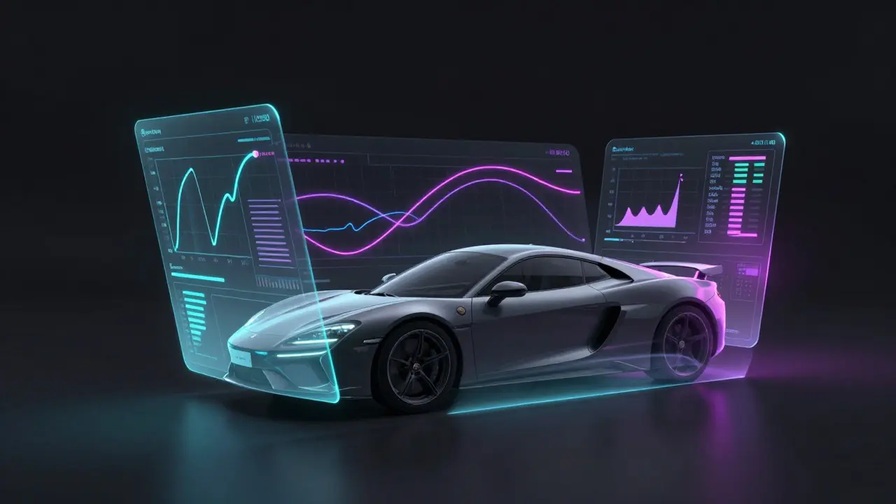 Abstract visualization of ECU tuning data surrounding a car silhouette