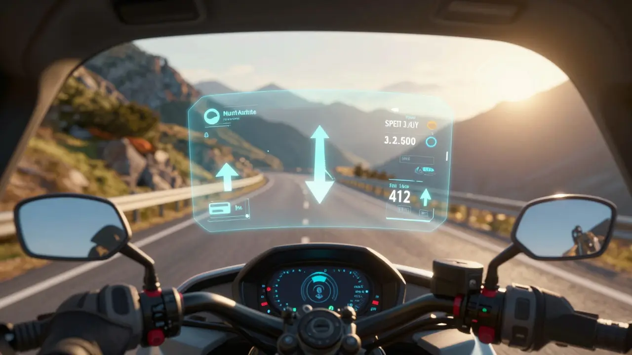 Augmented reality navigation view from motorcycle helmet