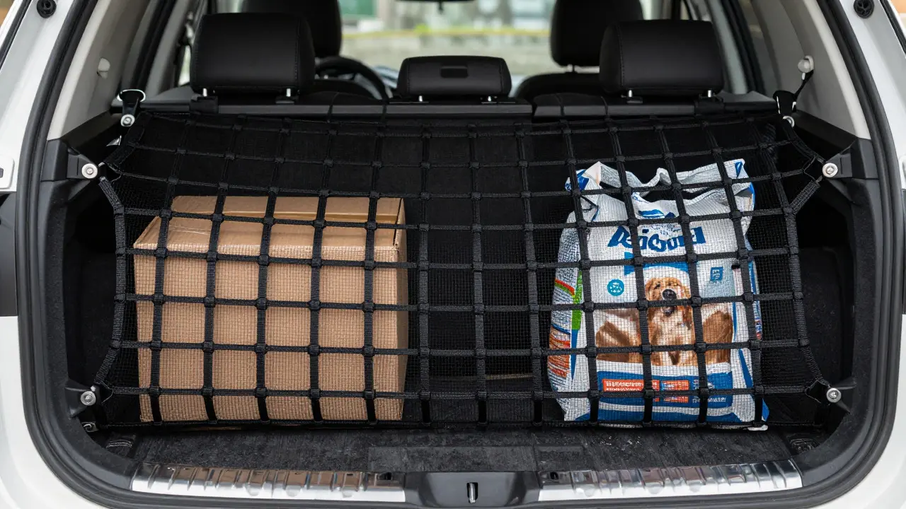 Black elastic cargo net securing items in an SUV trunk behind rear seats