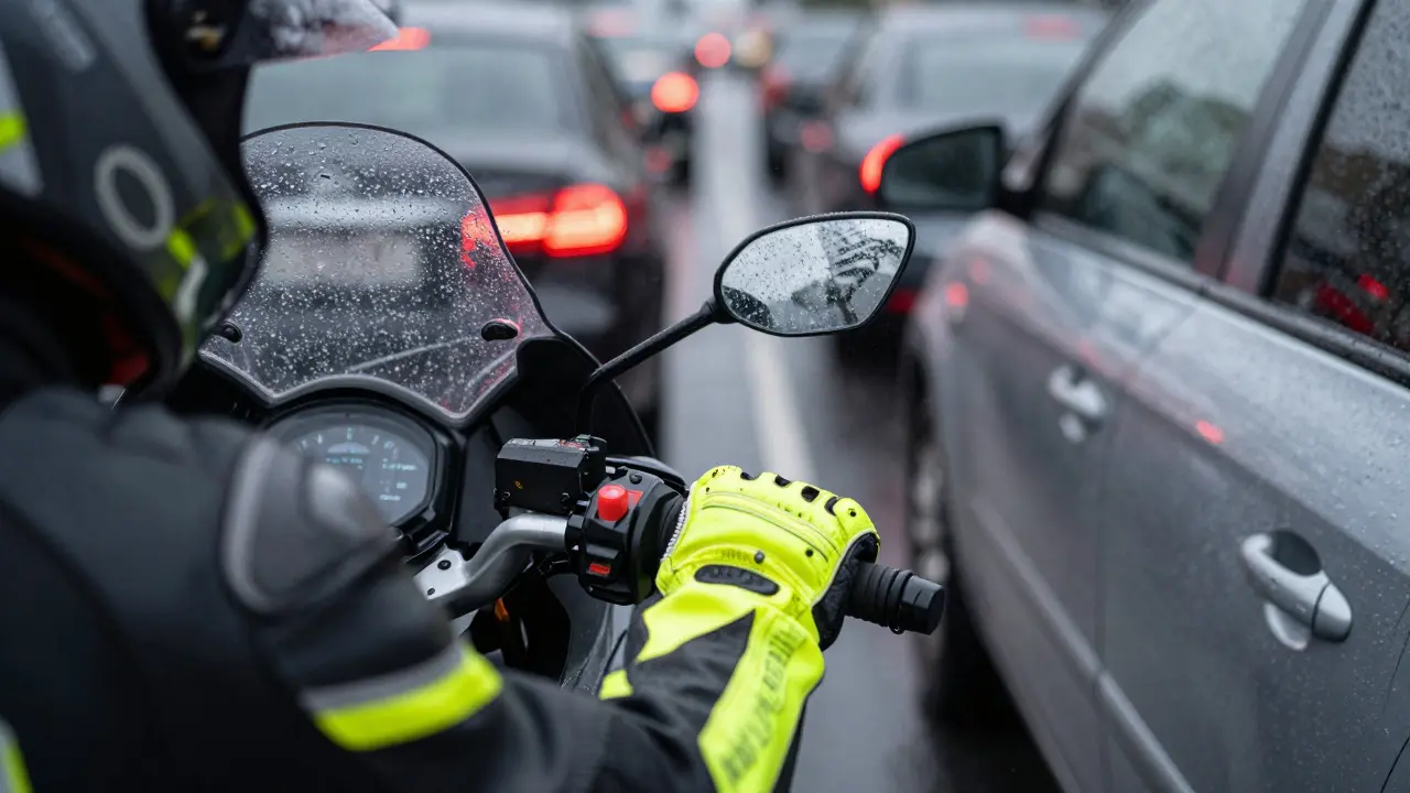 Close-up of a rider's hands controlling a motorcycle in rainy, heavy traffic
