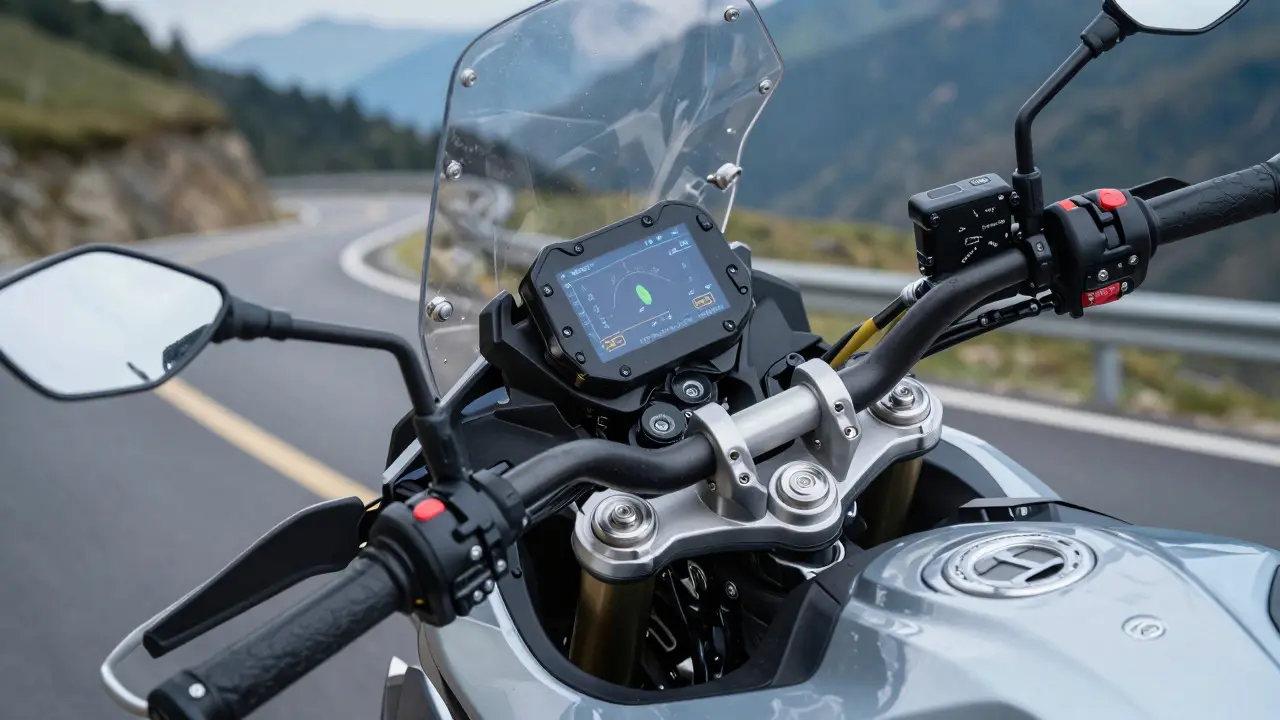 Close-up of adventure bike handlebars and tech controls