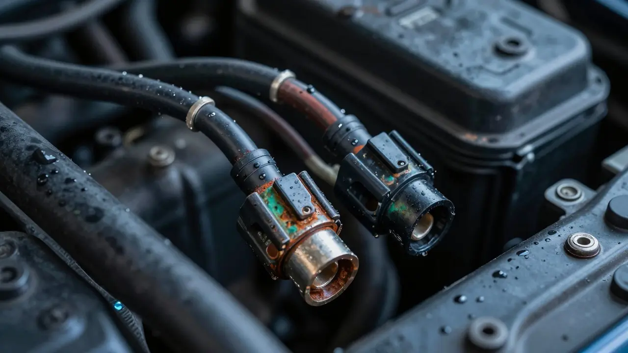 Close-up of corroded wiring harness connectors showing green oxidation