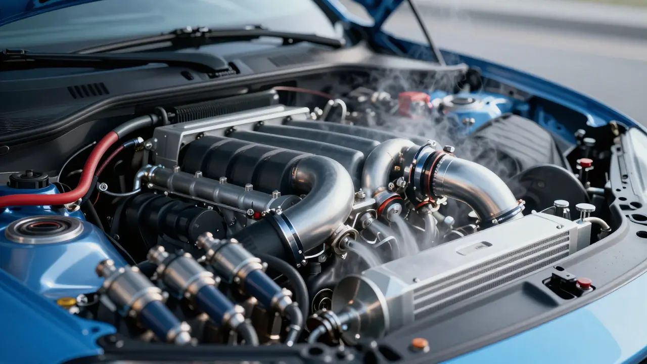Close-up of modified engine components including intercooler and injectors