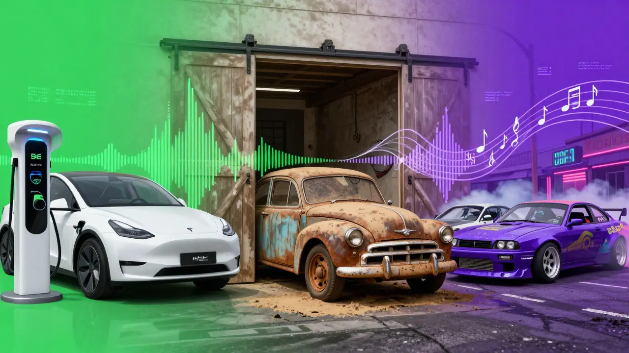 Collage of electric car, classic barn find, and street racer connected by sound waves
