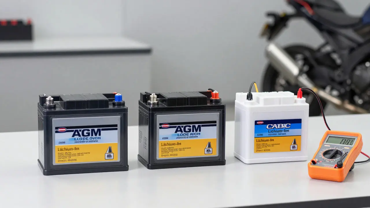 Comparison of lead-acid, AGM, and lithium-ion motorcycle batteries on a workbench.