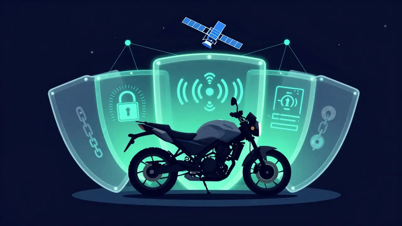 Conceptual graphic showing layered motorcycle security systems