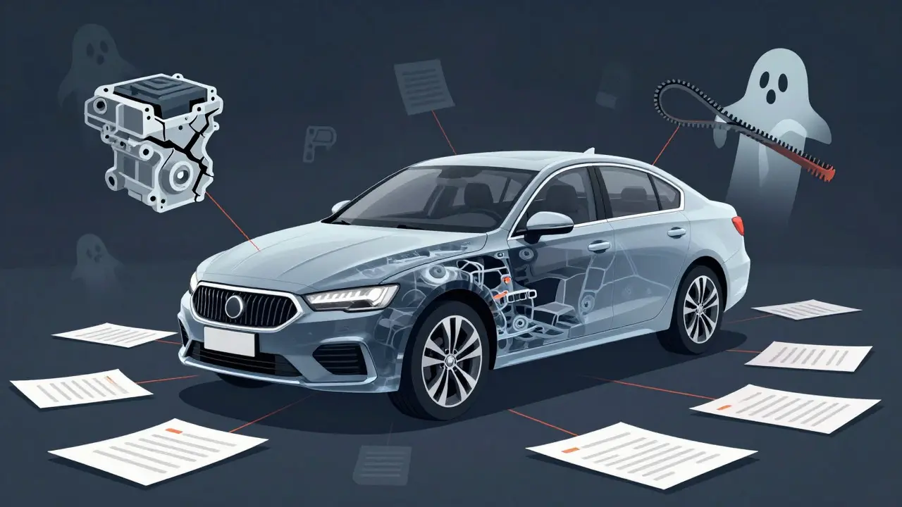 Conceptual illustration of a car's hidden mechanical issues revealed by documentation