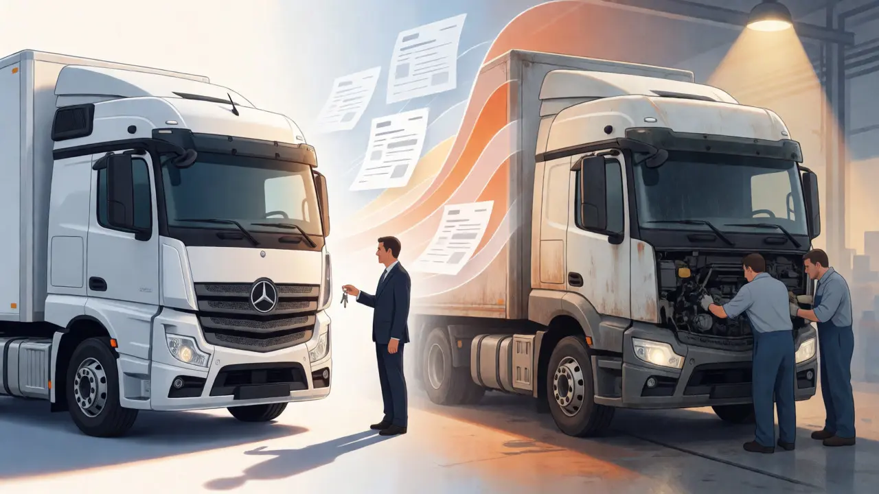 Conceptual split image showing a new fleet vehicle alongside its older counterpart undergoing maintenance.