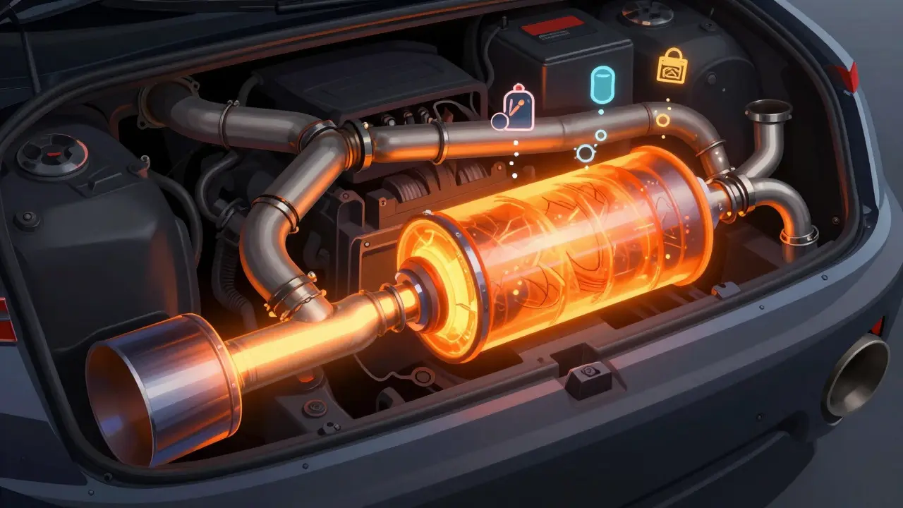 Cutaway illustration of an exhaust system showing hot gas flowing through a glowing catalytic converter
